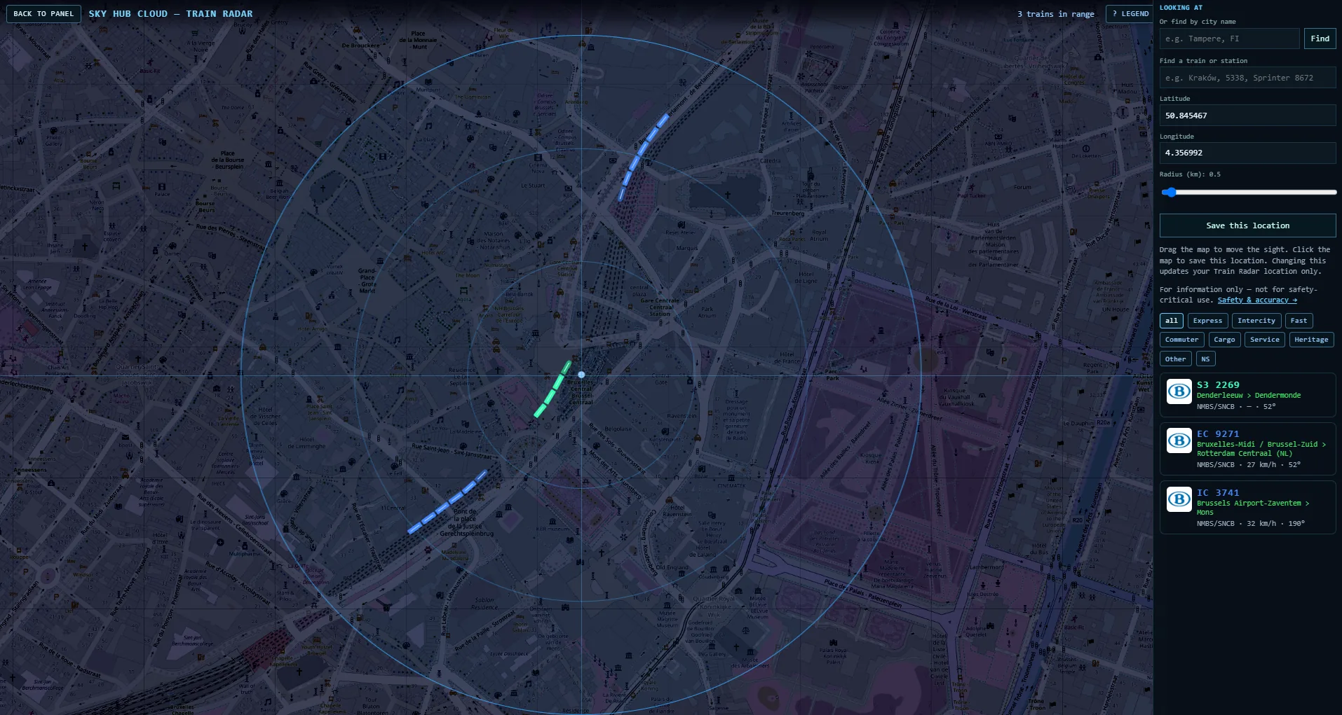Train Radar zoomed to 0.5 km at Bruxelles-Central with S3 2269, EC 9271 and IC 3741 drawn along the track