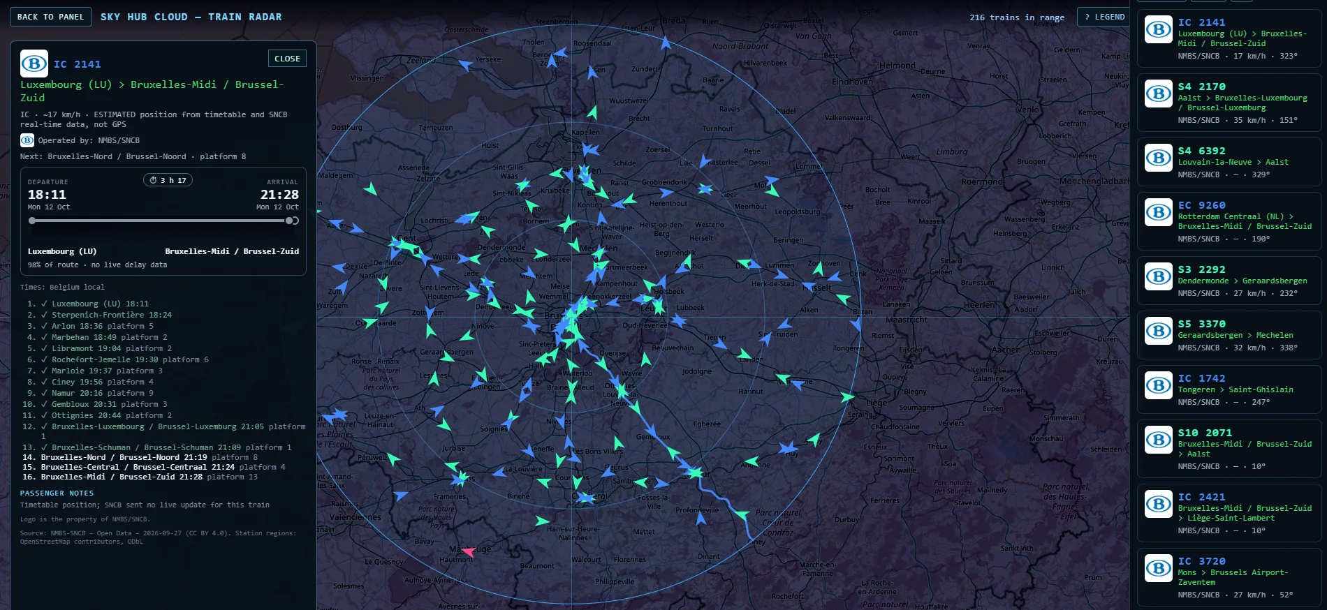 Sky Hub Cloud Train Radar live train map, 80 km around Bruxelles-Midi, 216 trains, with the route of IC 2141 from Luxembourg