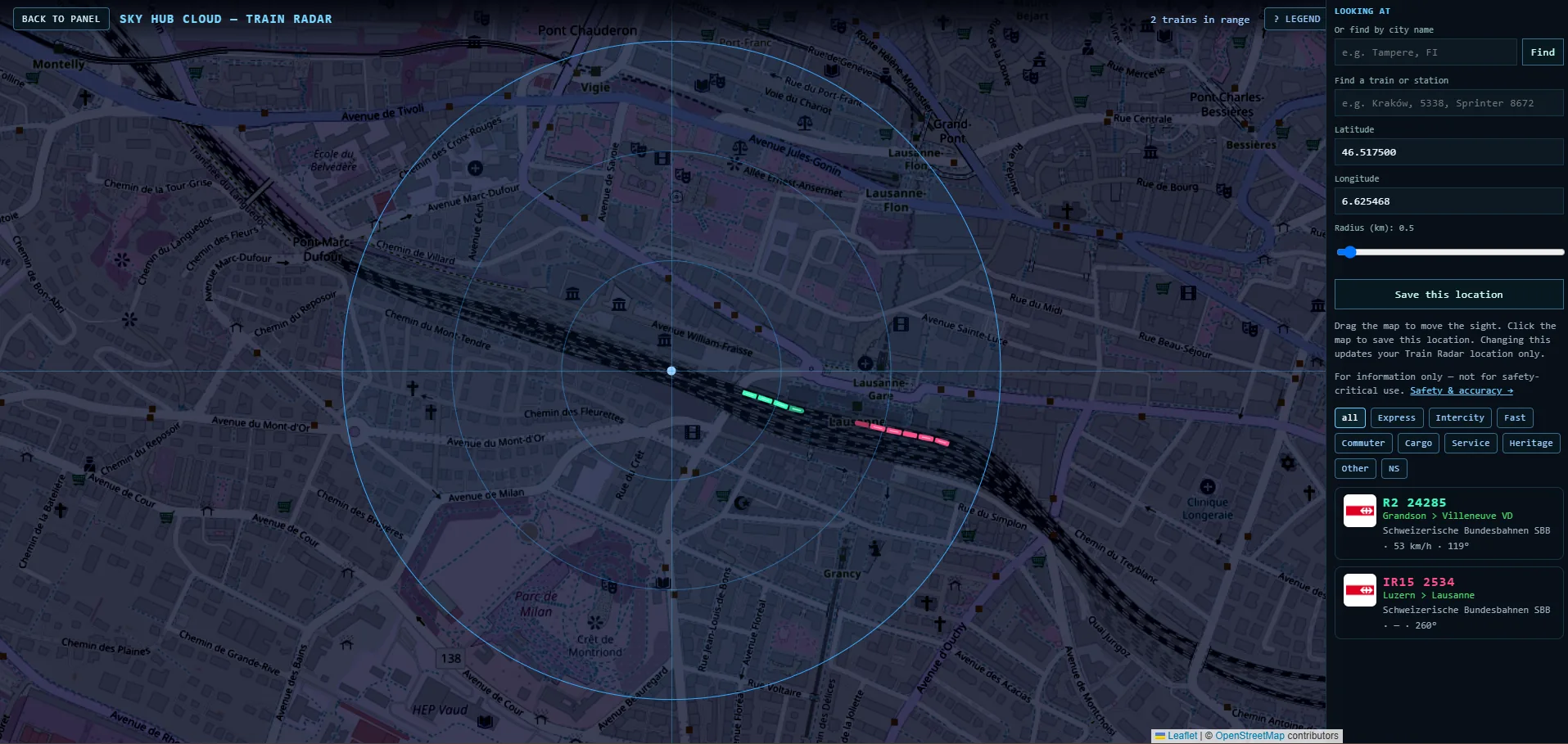 Train Radar auf 0,5 km gezoomt in Lausanne mit R2 24285 und IR15 2534