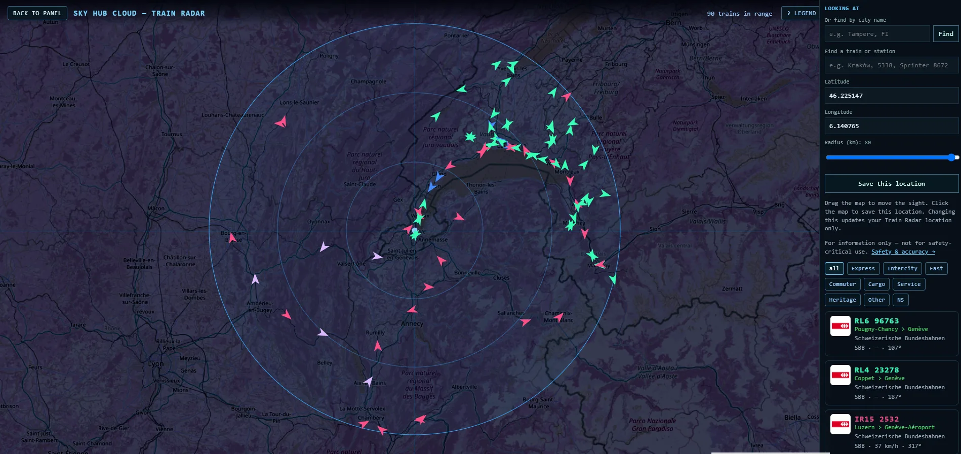 Train Radar von Sky Hub Cloud, Zugkarte live im Umkreis von 80 km um Genf, 90 Züge, auch auf der französischen Seite