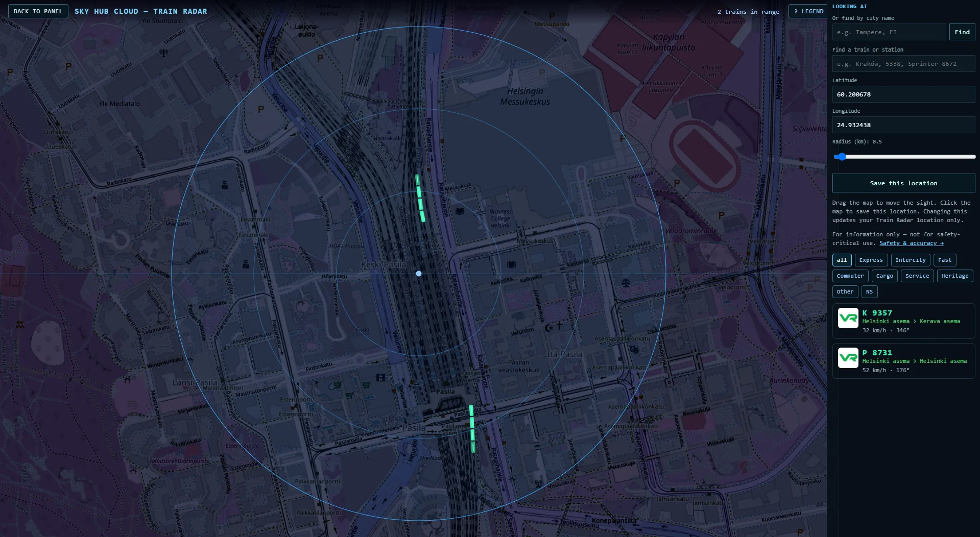 Train Radar zoomed to 0.5 km at Pasila with commuter trains drawn along the track