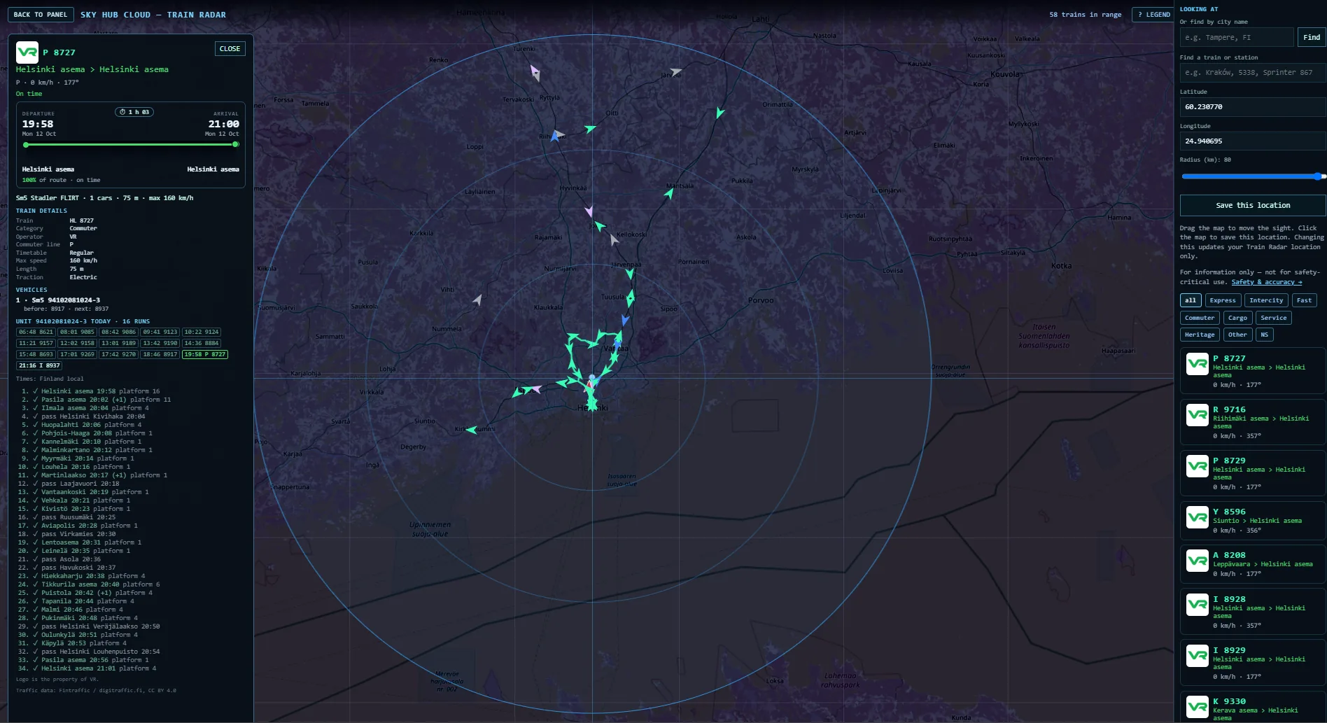 Sky Hub Cloud Train Radar live train map, 80 km around Helsinki, 58 trains, with the card of commuter P 8727
