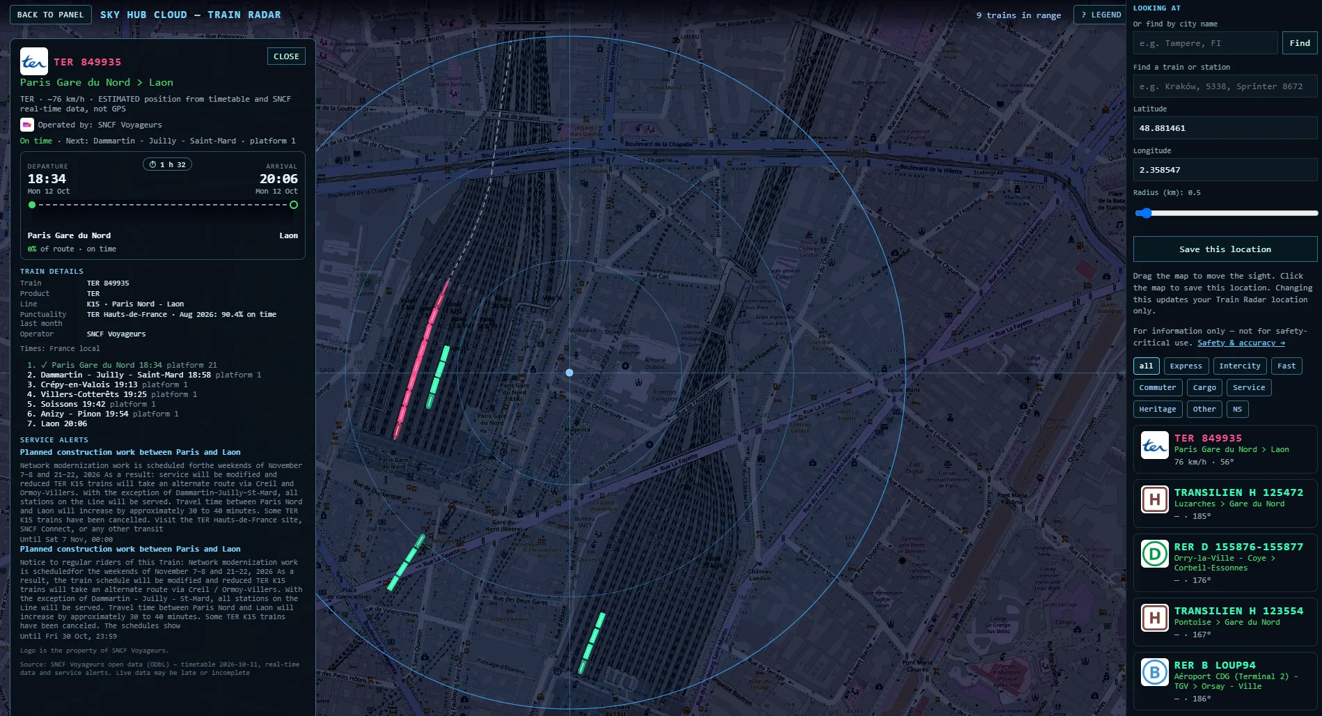 Train Radar zoomed to 0.5 km at Paris Gare du Nord with the card of TER K15 to Laon