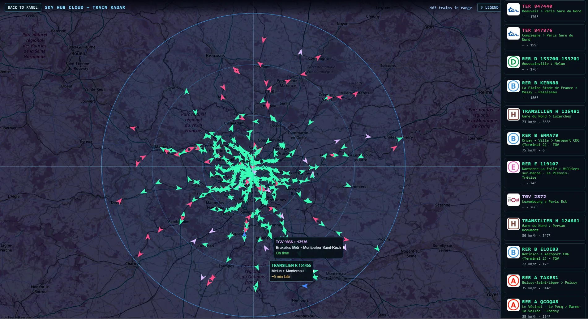 Sky Hub Cloud Train Radar live train map, 80 km around Paris, 463 trains in range