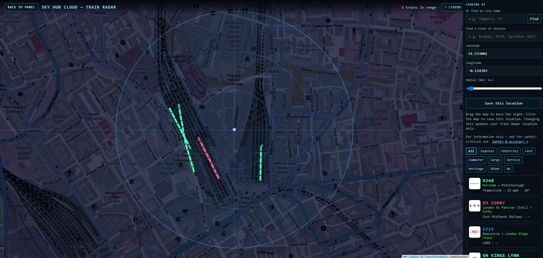 Train Radar zoomed to 0.5 km at King's Cross and St Pancras, each train drawn along the track
