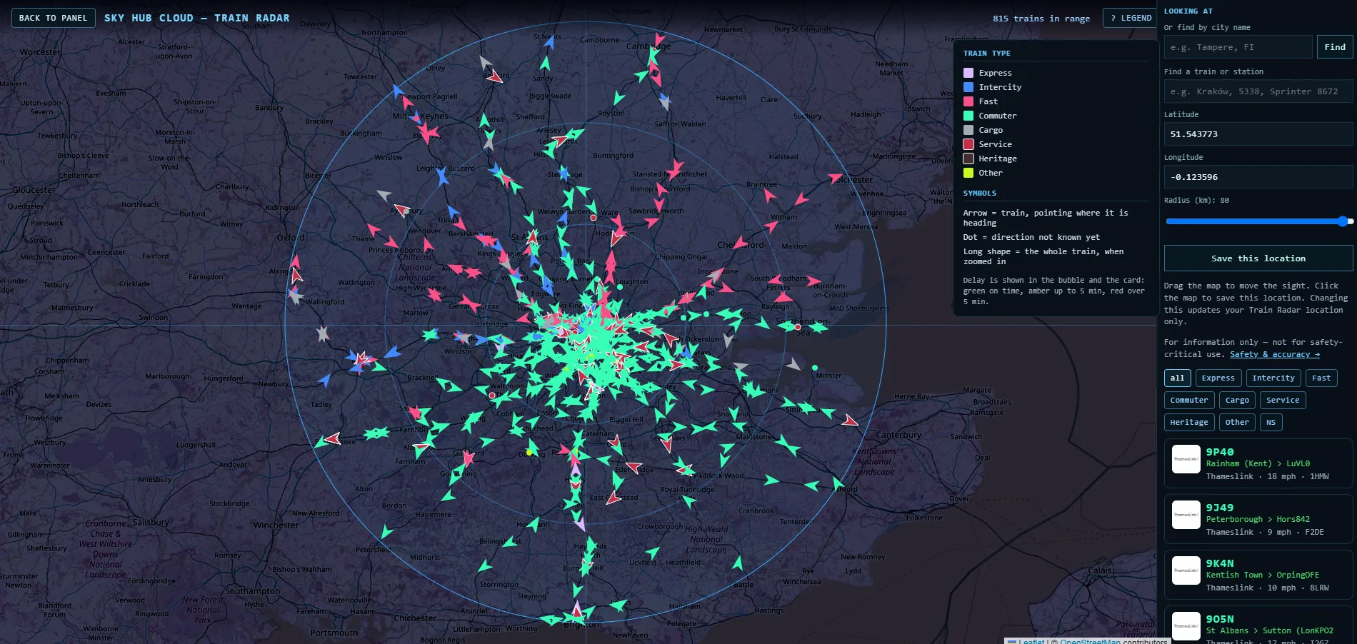 Sky Hub Cloud Train Radar live train map, 80 km around London King's Cross, 815 trains in range