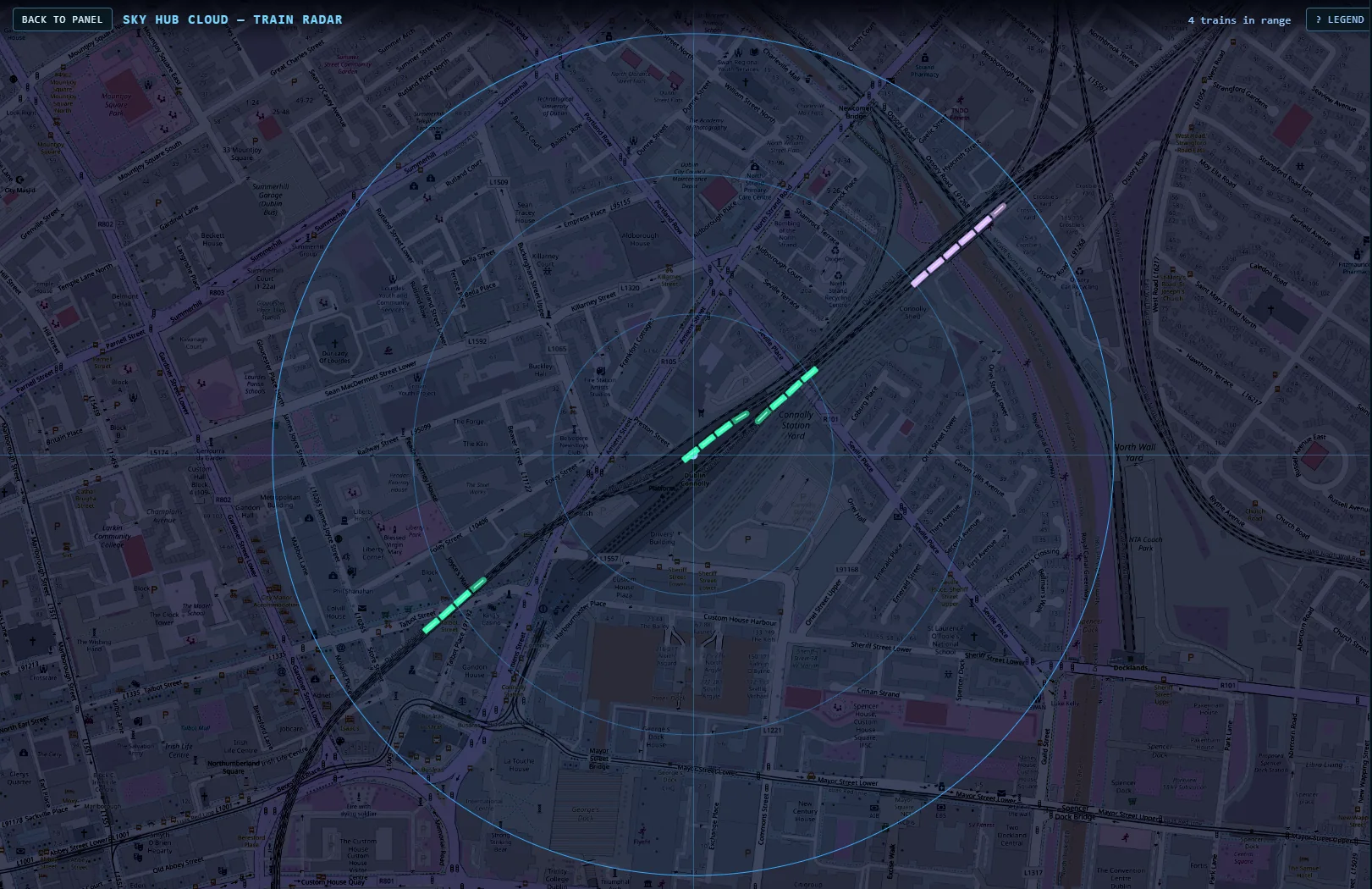 Train Radar zoomed to 0.5 km at Dublin Connolly, each train drawn along the track