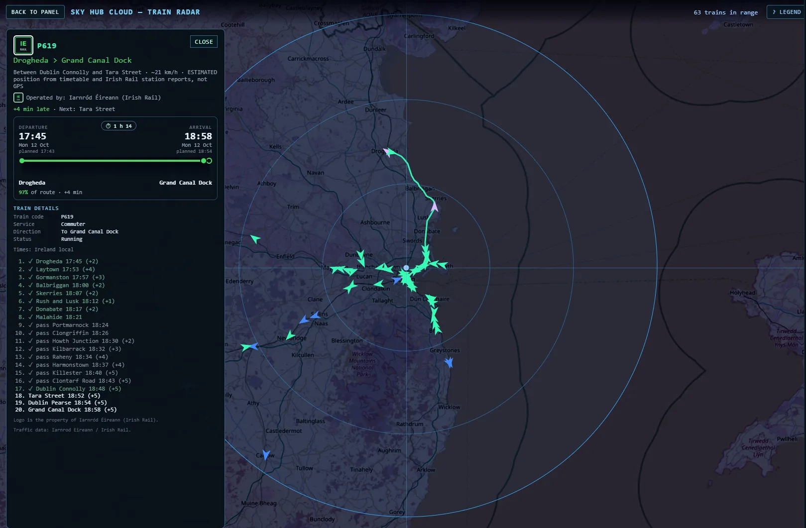 Sky Hub Cloud Train Radar live train map, 80 km around Dublin, 63 trains, with the card and route of Commuter P619
