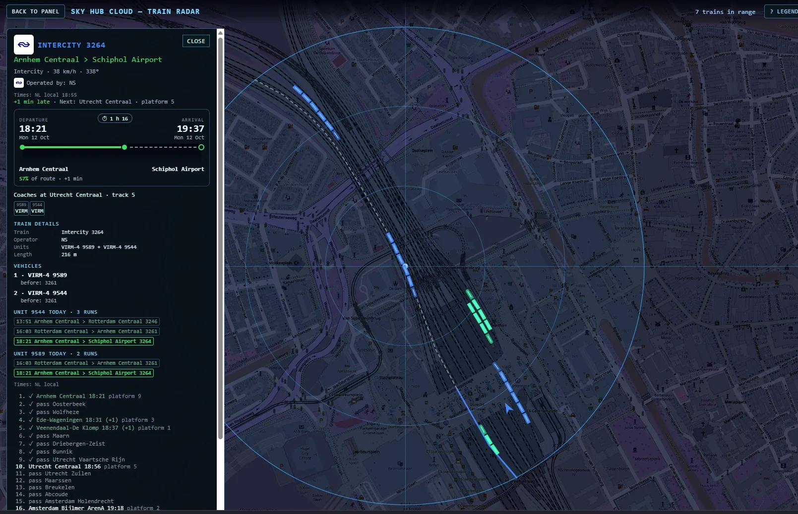 Train Radar zoomed to 0.5 km at Utrecht Centraal with the card of Intercity 3264