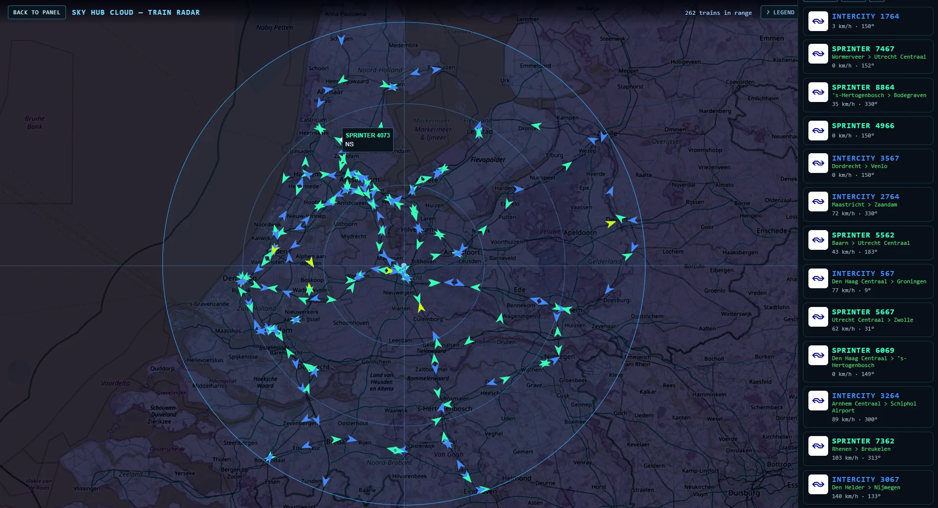Sky Hub Cloud Train Radar live train map, 80 km around Utrecht, 262 trains in range