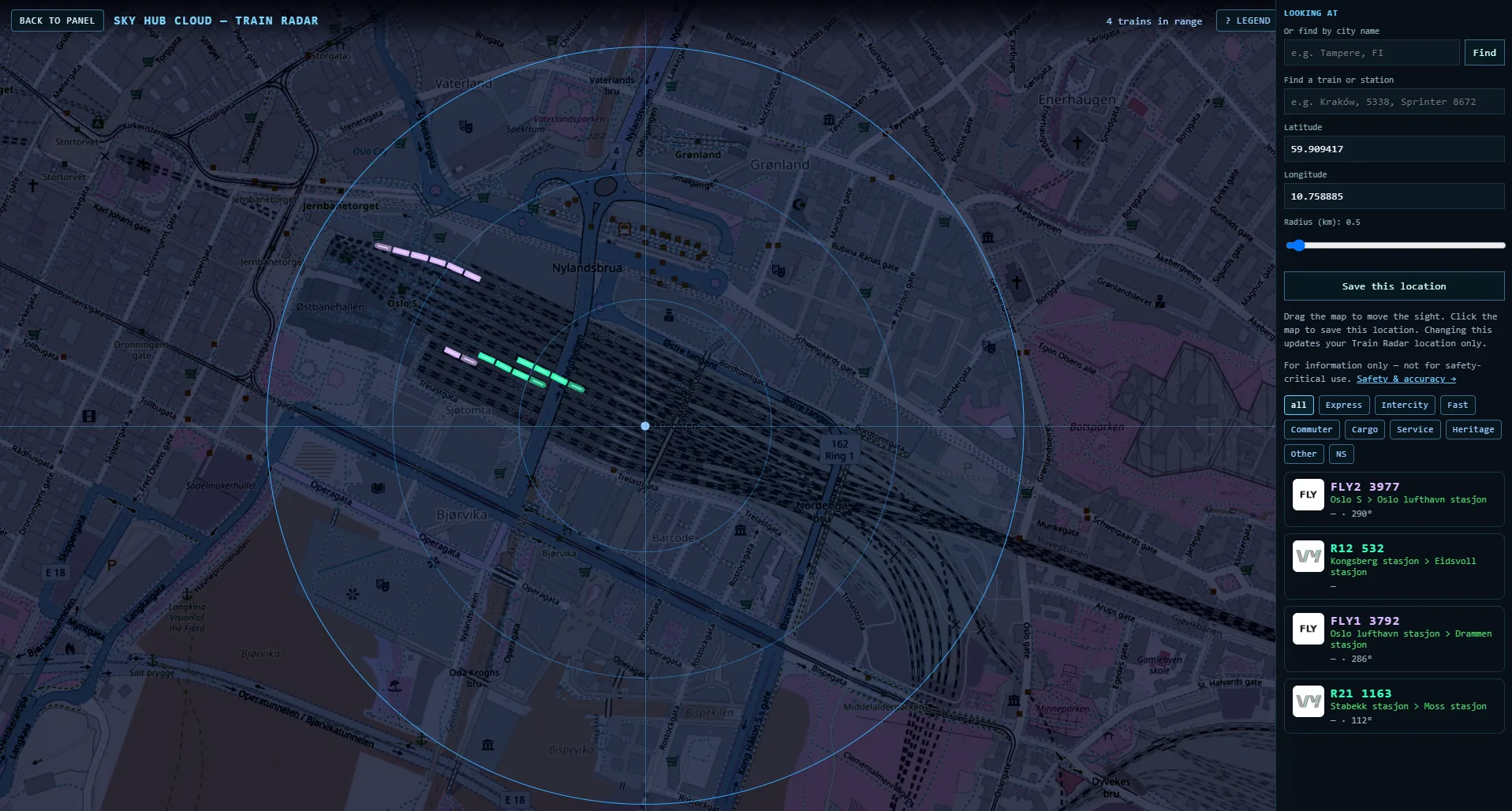 Train Radar zoomed to 0.5 km at Oslo S with Flytoget and Vy trains drawn along the track