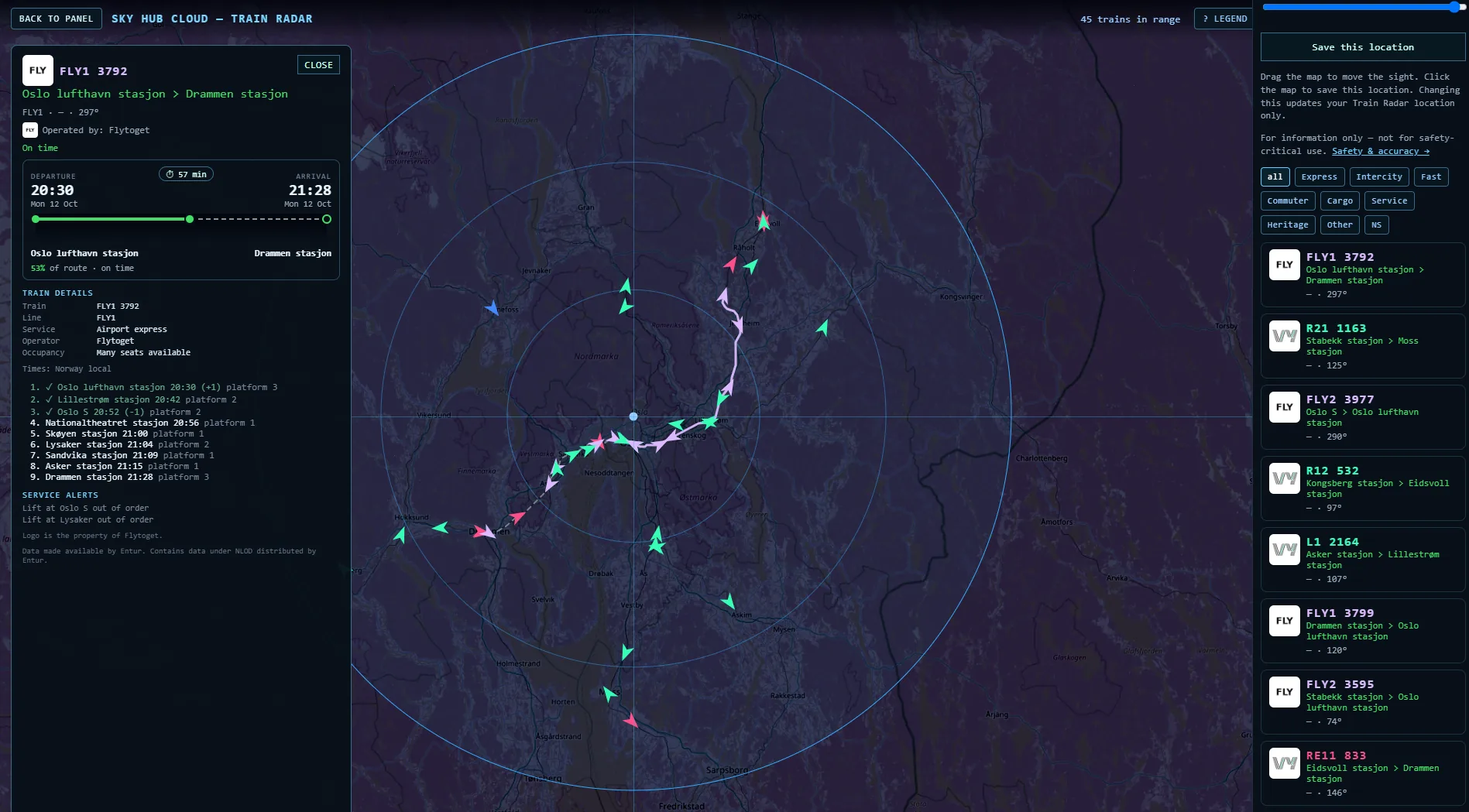 Sky Hub Cloud Train Radar live train map, 80 km around Oslo S, 45 trains, with the route of Flytoget FLY1 3792