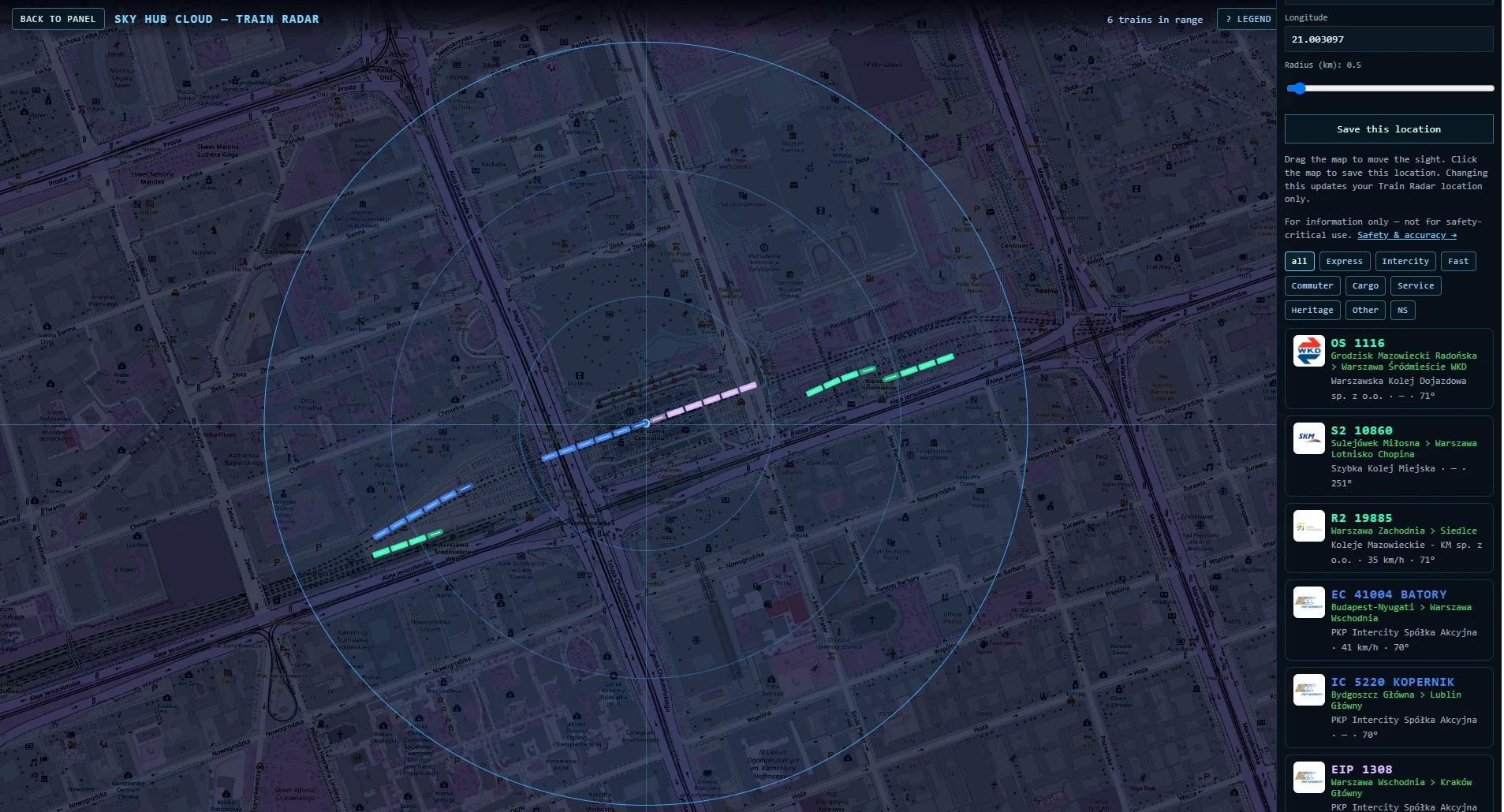 Train Radar zoomed to 0.5 km at Warszawa Centralna with WKD, SKM, Koleje Mazowieckie and PKP Intercity trains