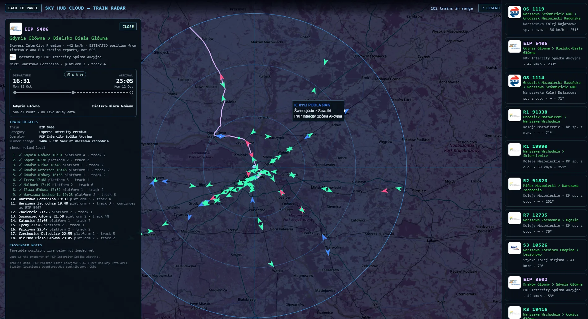 Sky Hub Cloud Train Radar live train map, 80 km around Warszawa Centralna, 102 trains, with the route of EIP 5406