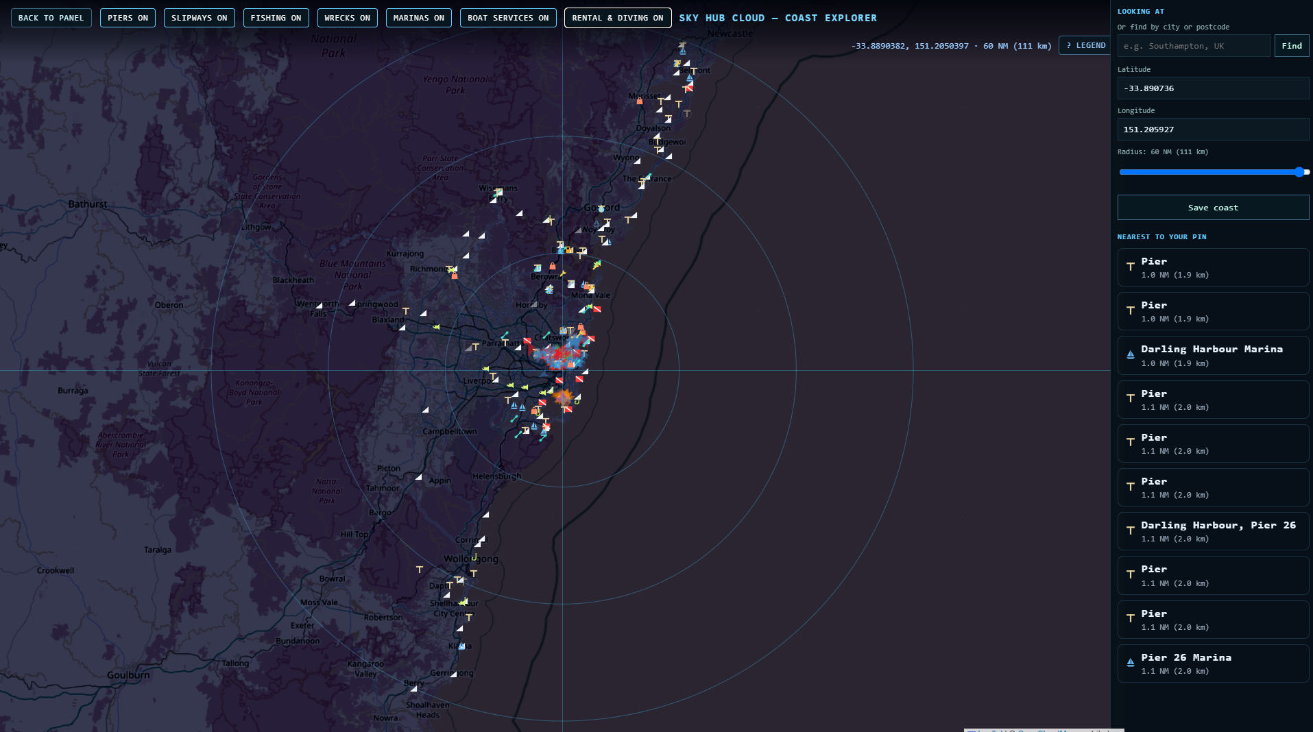 Coast Explorer map of the Sydney region with boat ramps, wharves, marinas and dive sites