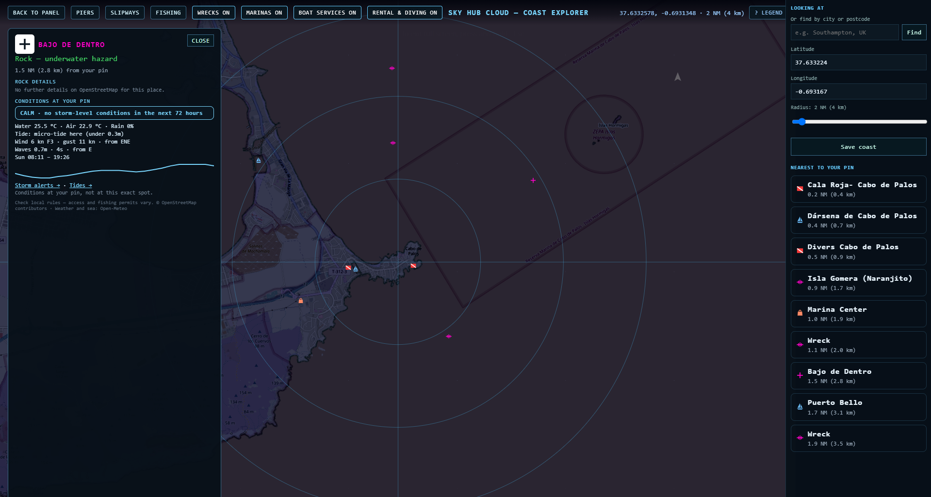 Coast Explorer map of Cabo de Palos with dive sites, the Naranjito wreck and the marine reserve