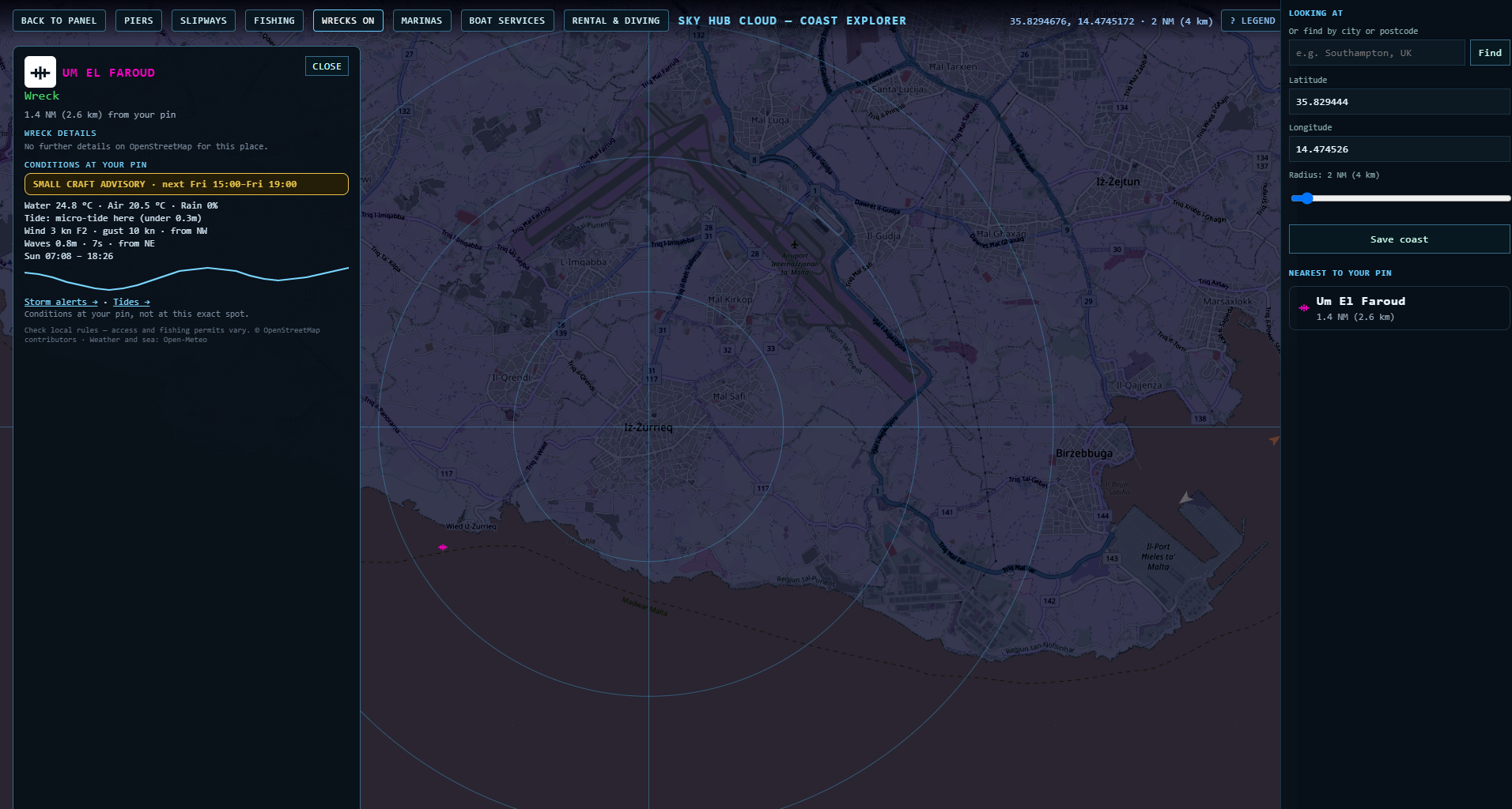Um El Faroud, barra Wied iż-Żurrieq — pin ta' 2 NM, saff tar-relitti.