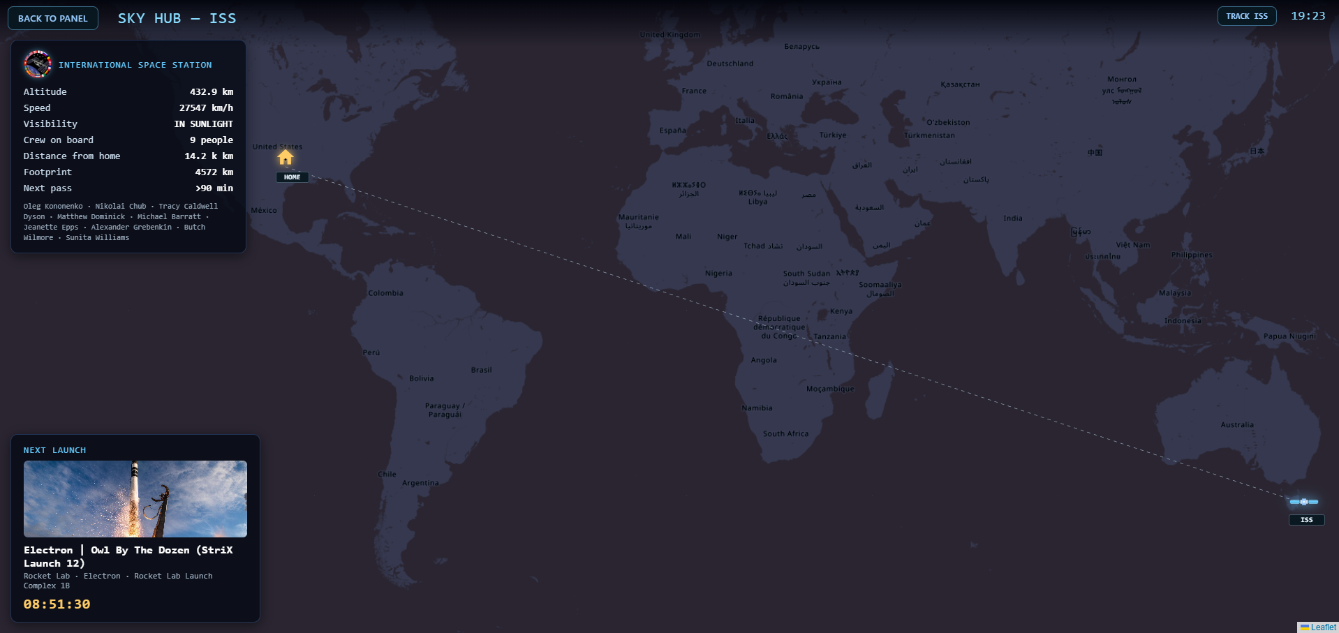Sky Hub ISS tracker with home pin and next pass