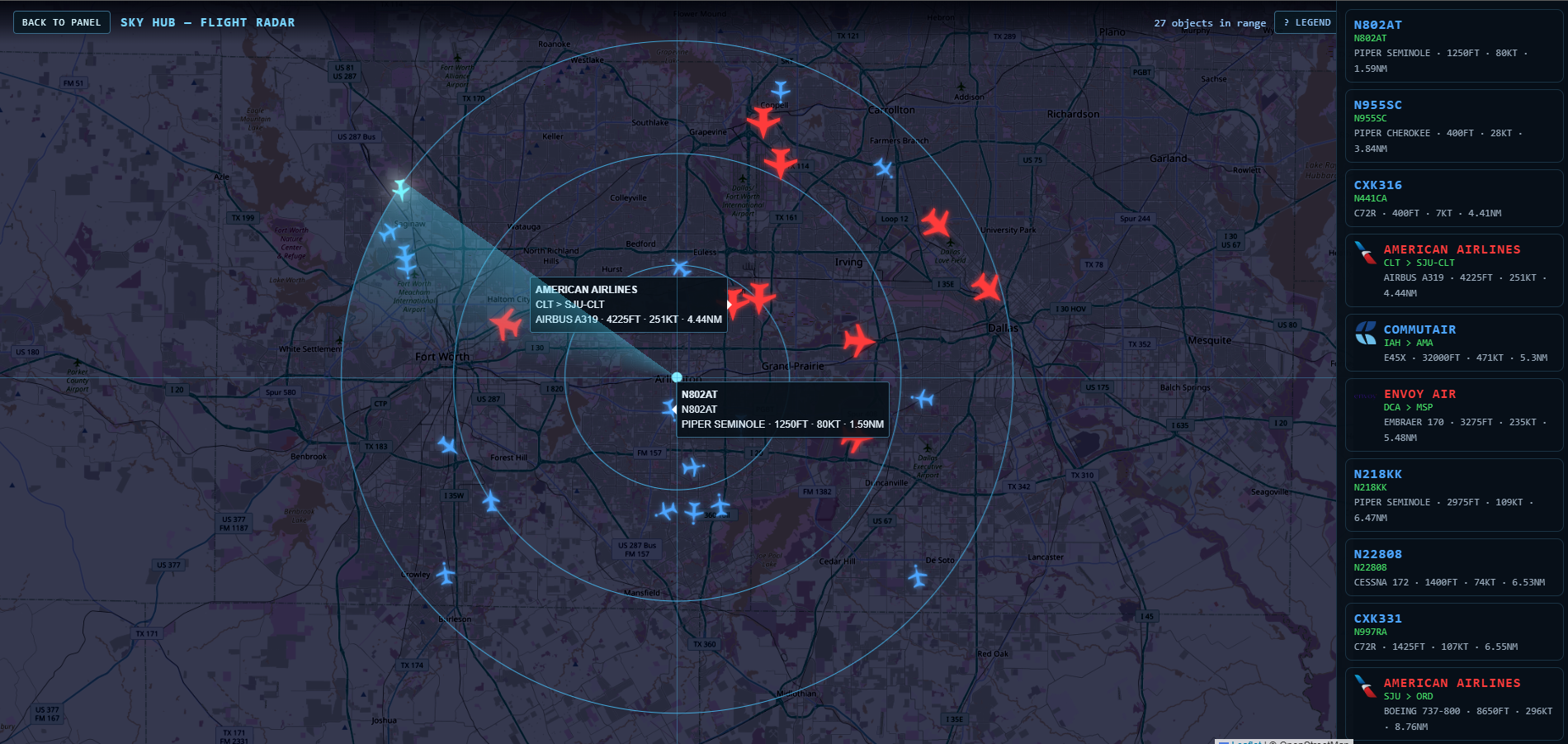 Sky Hub Fly Radar live aircraft map around the pin