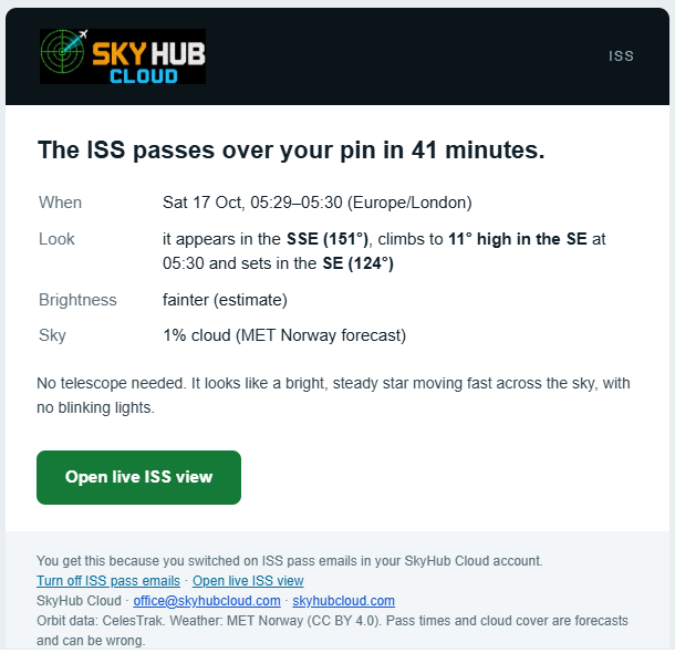 Sky Hub Cloud email: The ISS passes over your pin in 41 minutes, with direction, height, brightness and cloud