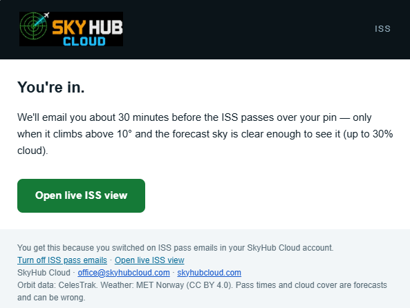 Sky Hub Cloud email: You're in, ISS pass emails switched on
