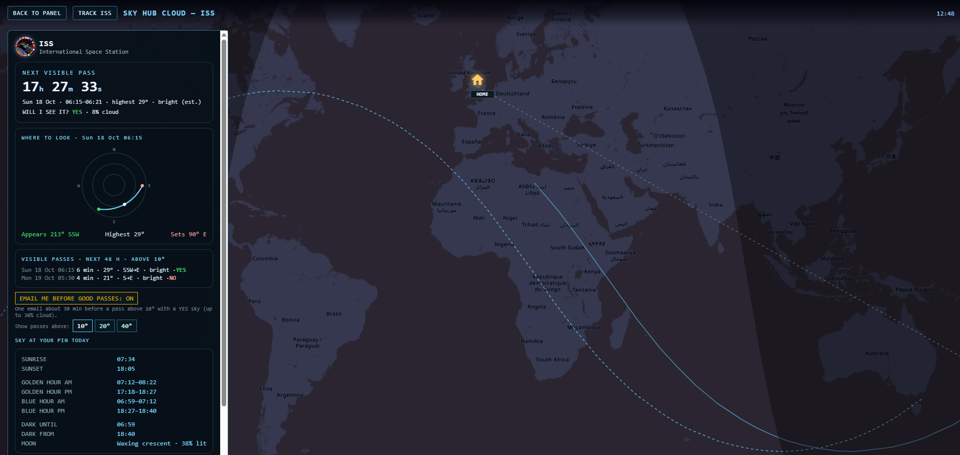 Sky Hub Cloud ISS card with the next visible pass, sky chart and live ISS map