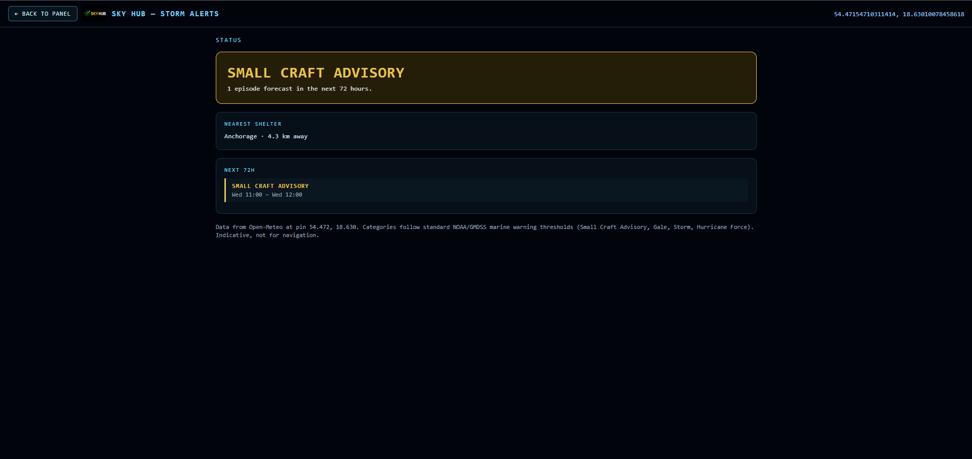 Sky Hub Ship Radar storm alerts