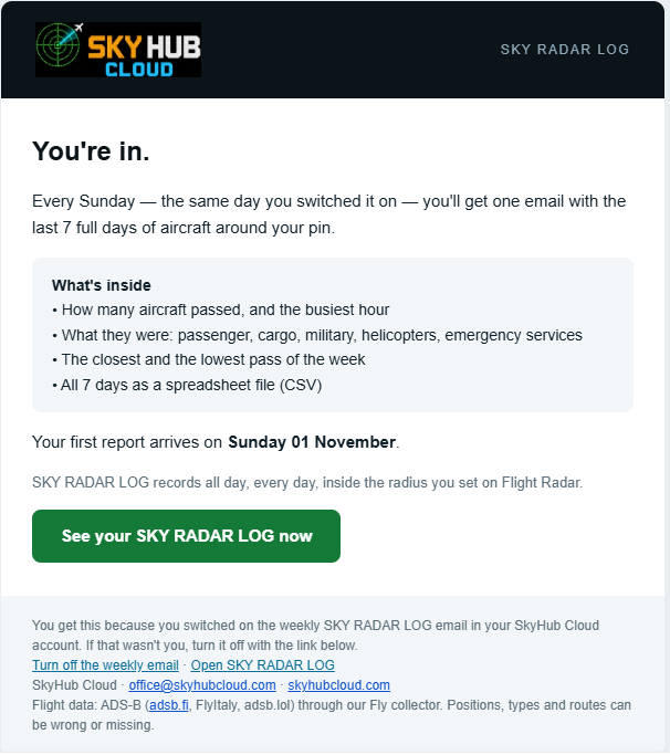 SKY RADAR LOG weekly email confirmation: the day it comes, what is inside and the date of the first report
