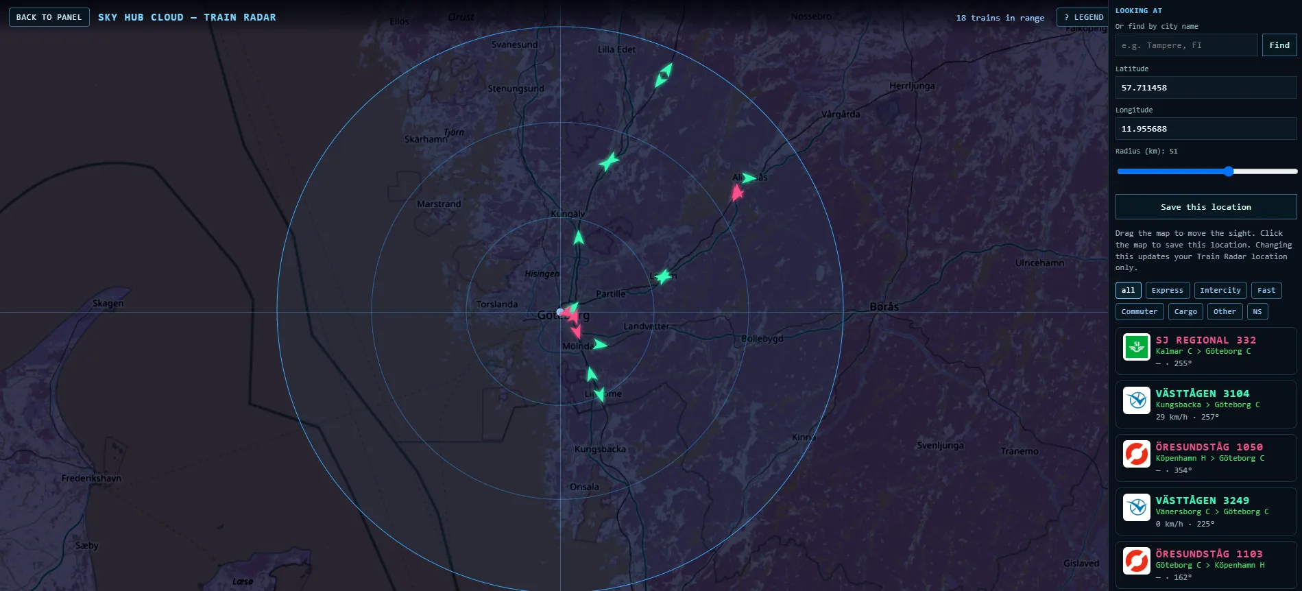 Sky Hub Cloud Train Radar live train map around Gothenburg, Sweden