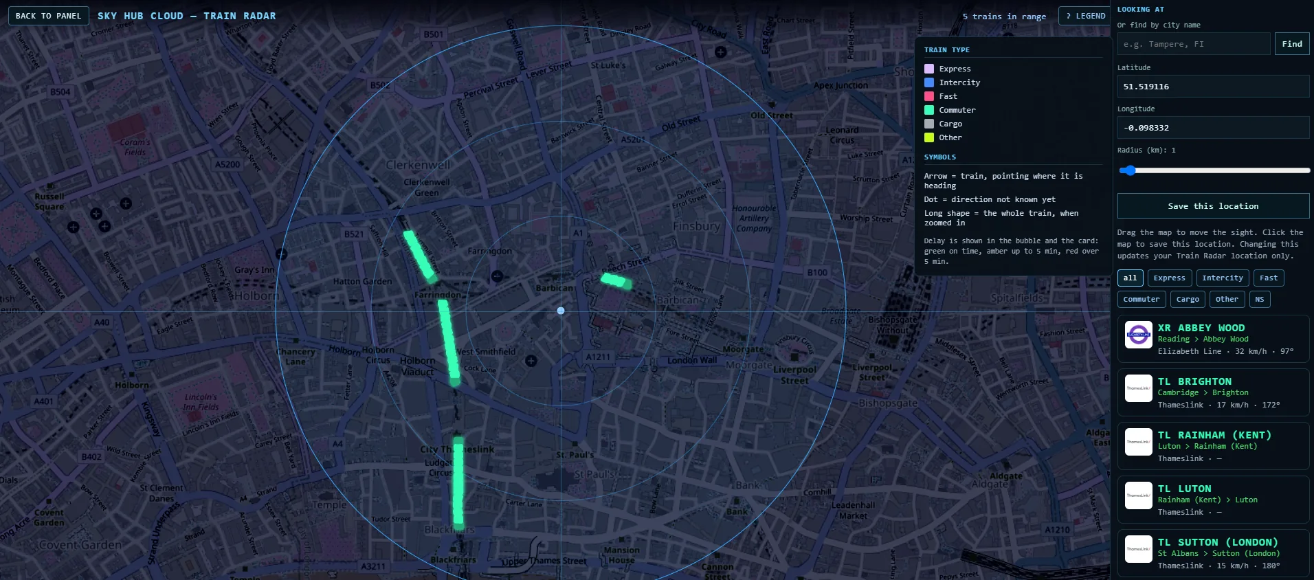 Train Radar in central London with Thameslink and Elizabeth line trains and the legend open