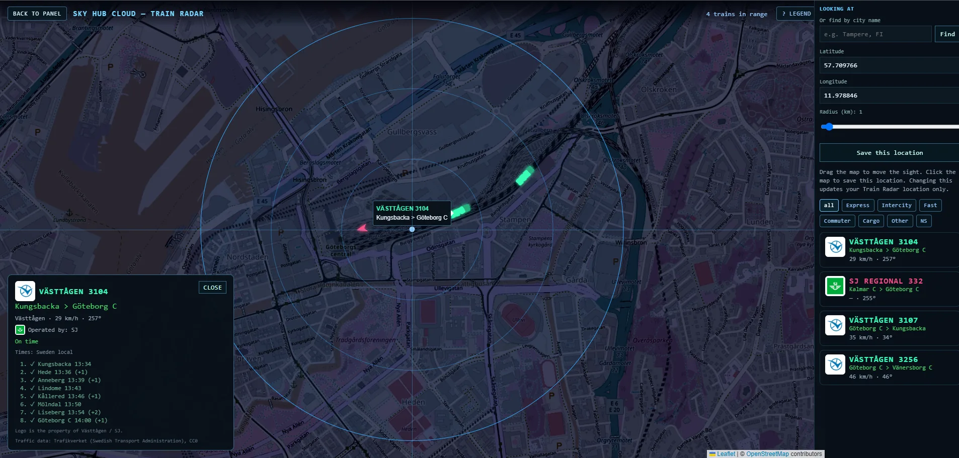 Train Radar card of a Västtågen train near Göteborg C with every stop and its delay